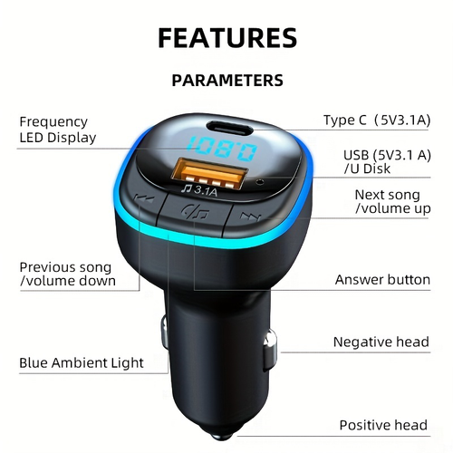 FM transmiter C33 USB, PD, QC 3.0 Bluetooth 5.0, RGB, handsfree crni slika 8