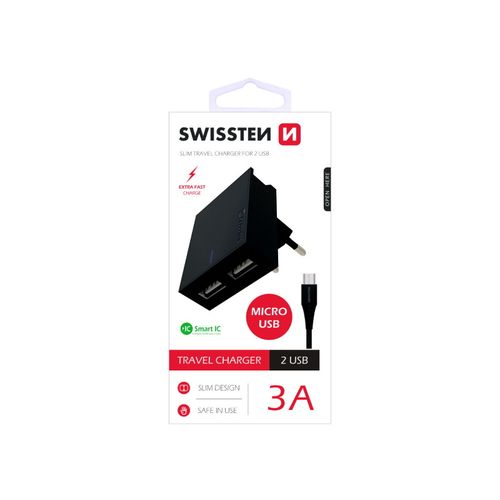 SWISSTEN punjač za AC220, 2xUSB, 3A, SMART IC, držač, crni + microUSB kabel slika 1