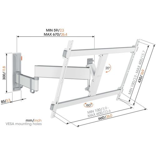 Vogels TVM3643WH, zidni nosač za ekrane od 40"-77", nagib do 20° pomak 180° slika 2