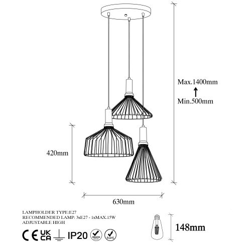 Opviq Visilca DEAR metal crna, 63 x 54 cm, visina 50-140 cm. Dimenzije sjenila 32 34 i 36 cm, 3X E27 15 W, Dear - 11215 slika 7