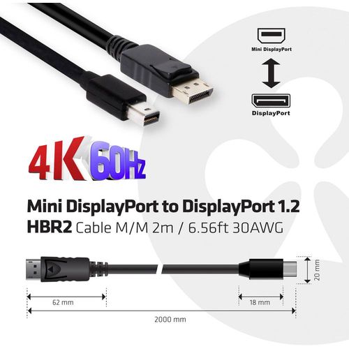 club3D Mini-DisplayPort / DisplayPort adapterski kabel Mini DisplayPort utikač, DisplayPort utikač 2.00 m crna CAC-2163 vatrostalan DisplayPort kabel slika 3