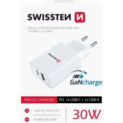 Swissten punjač 1xUSB+ 1X USB C GaN charge 30W bela slika 2