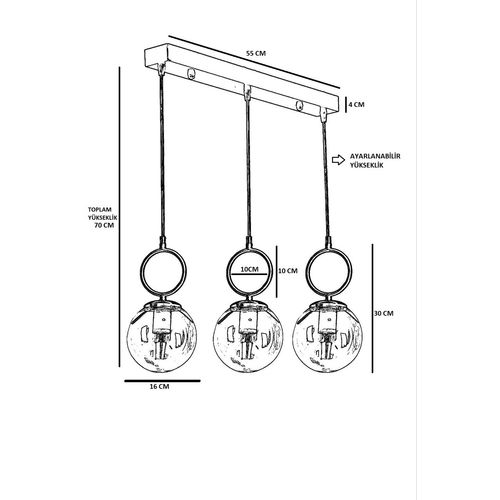 Morino 3 Lü Sıralı Füme Camlı Siyah Sarkıt Black Chandelier slika 4