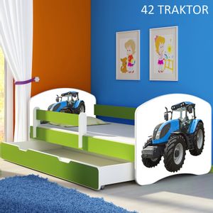Dječji krevet ACMA s motivom, bočna zelena + ladica 140x70 cm 42-traktor