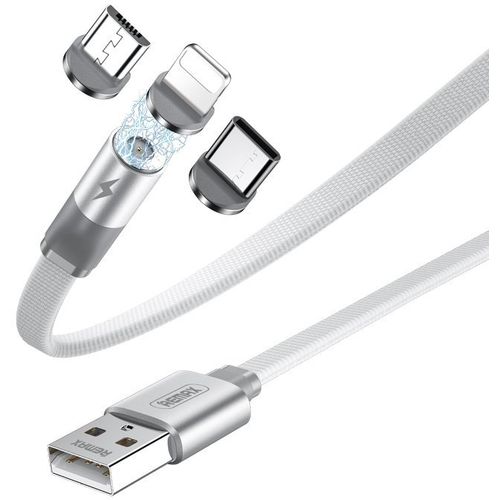 REMAX magnetski USB kabel + komplet utikača Lightning / USB tip C / mikro USB 2.1A 1m bijeli slika 1