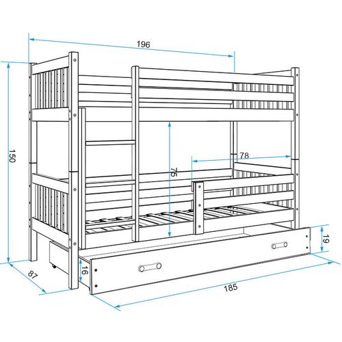 Drveni dječji krevet na kat Carino s ladicom 190*80cm - bijeli slika 3