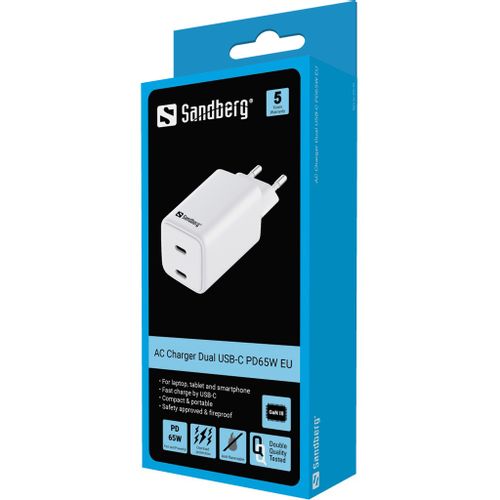 Sandberg AC punjač s dvostrukim USB-C PD65W za EU slika 2