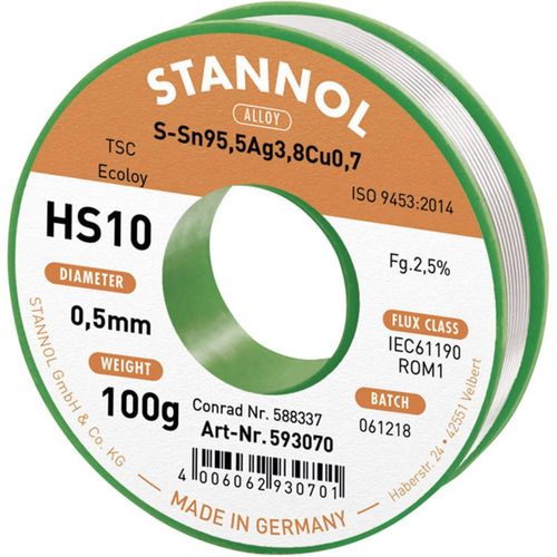 Stannol HS10 2510 lemna žica, bezolovna svitak  Sn95,5Ag3,8Cu0,7 ROM1 100 g 0.5 mm slika 1