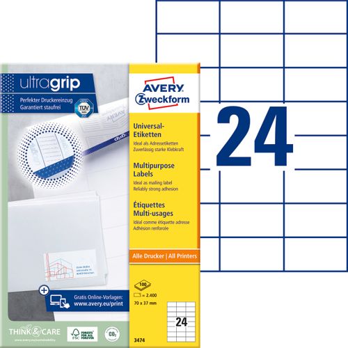 Avery Zweckform 3474 višenamjenske naljepnice A4 ultragrip 70x37mm 100 listova 2.400 naljepnica bijele slika 2