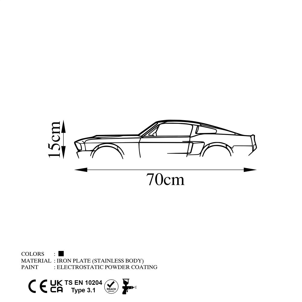 Dekorativni Metalni Zidni Ukras - Silueta Ford Mustang Shelby GT500 iz 1967, Crna slika 5