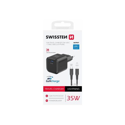 SWISSTEN punjač za AC220, GaN, 35W, 1xUSB-C, 3A, crni + Lightning kabel slika 1