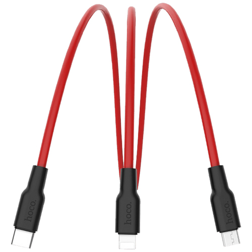 hoco. USB kabel, 3in1, microUSB, type C, Lightning, 1.2 met., 2 A - X21 Silicone 3in1, Black/Red slika 3