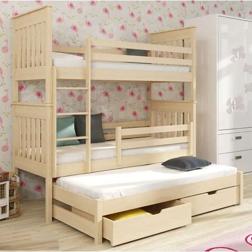 Drveni dječji krevet na kat Jarek s tri kreveta i ladicom - svijetlo drvo - 200*90 cm slika 1