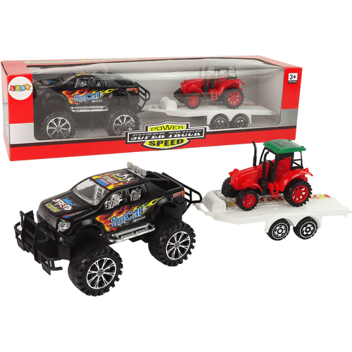 Set vozila Monster Truck s bagerom na prikolici, crno-crveni slika 2