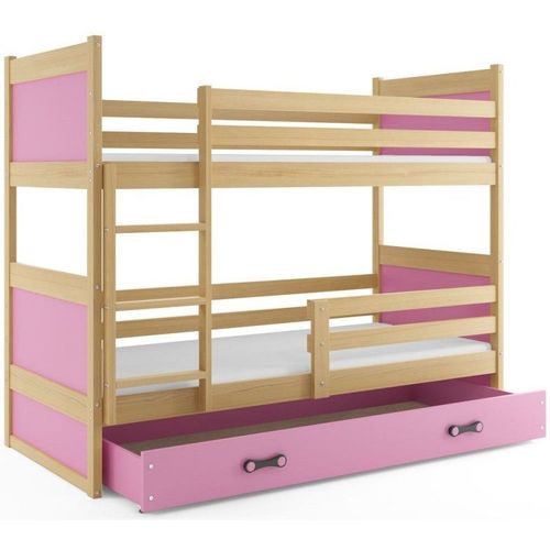 Drveni dječji krevet na sprat Rico sa ladicom - 160x80cm - Bukva/Rozi slika 2