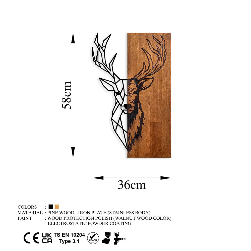 Ukrasni Drveni Zidni Dodatak 'Crveni Jelen 1' s Orasima i Crnim Detaljima slika 7