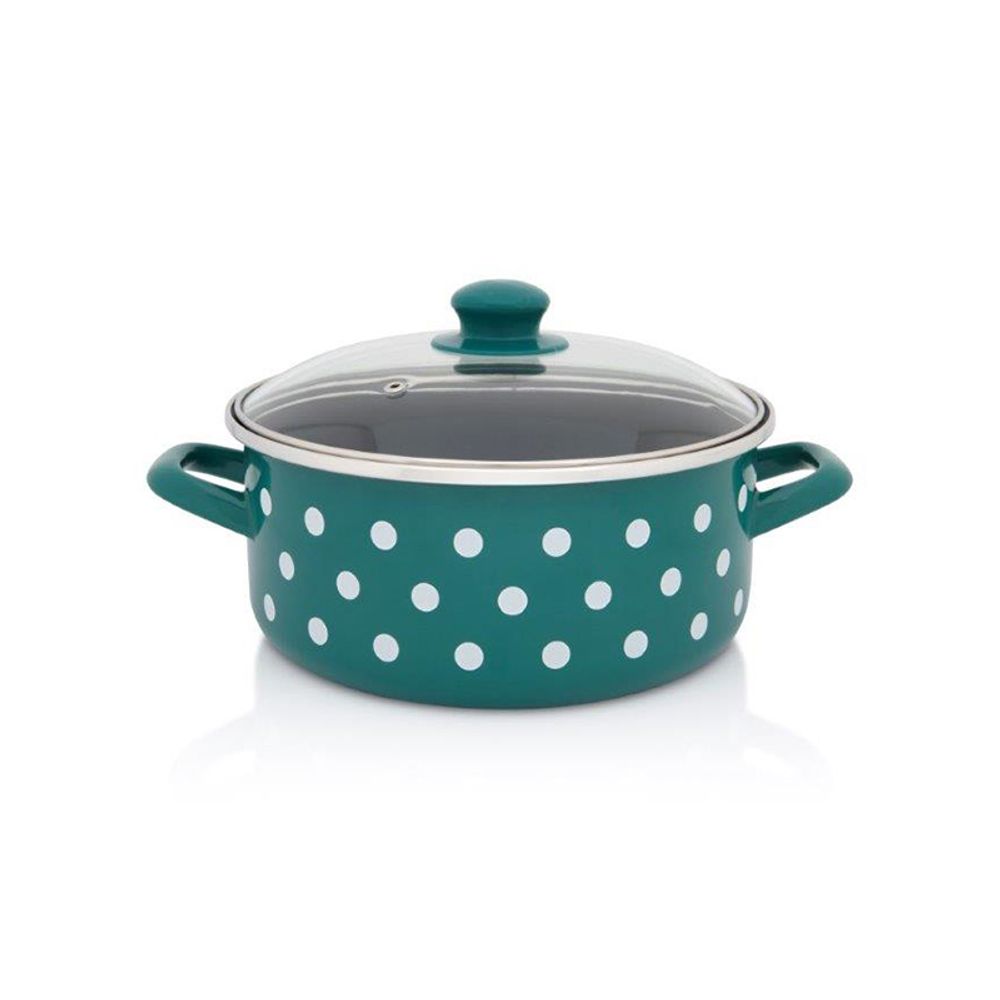 Metalac šerpa plitka sa staklenim poklopcem GREEN DOTS 18 cm / 2.2 l zelena sa bijelim tufnama  slika 1