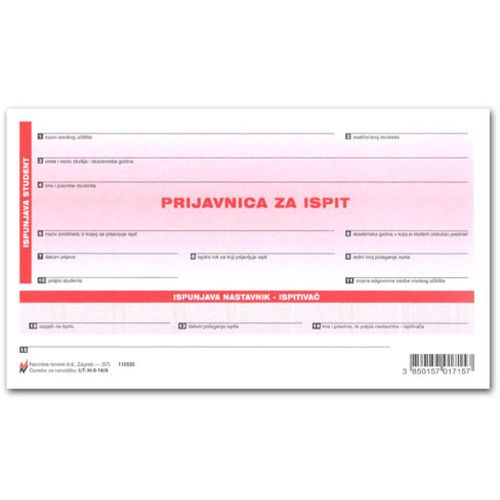 XI-9-16/A PRIJAVNICA ZA POLAGANJE ISPITA; List, 17 x 9,8 cm slika 1