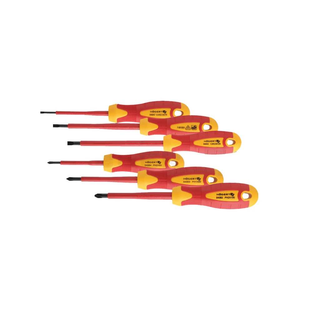 Högert  Set 6 izoliranih odvijača, 1000 V,  S2 , VDE, Ravni 2.5x75mm/ 4x100mm/ 5.5x125mm/, PH0x60mm/ PH1x80mm/ PH2x100mm slika 1