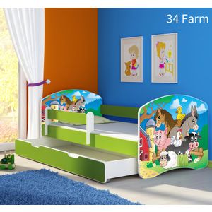Dječji krevet ACMA s motivom, bočna zelena + ladica 140x70 cm 34-farm