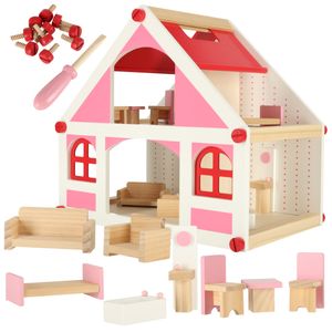 Drvena kućica za lutke s namještajem roza 36cm