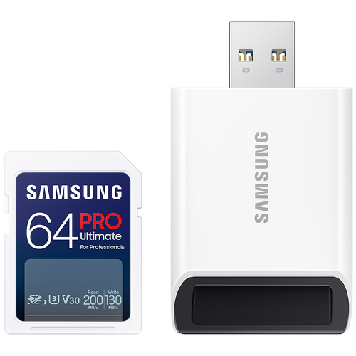 Samsung MB-SY64SB/WW SD Card 64GB, PRO Ultimate, SDXC, UHS-I U3 V30, Read up to 200MB/s, Write up to 130 MB/s, for 4K and FullHD video recording, w/USB Card reader slika 1