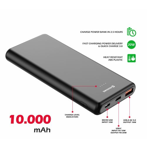 Dodatna baterija - Power Bank SWISSTEN 10000mAh, QC 3.0, USB-C, crna slika 2