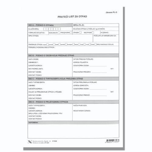 I-824 PRATEĆI LIST ZA OTPAD (Obrazac PL-O)-DODATAK XIII  Komplet 3 lista (NCR), 21 x 29,7 cm slika 2