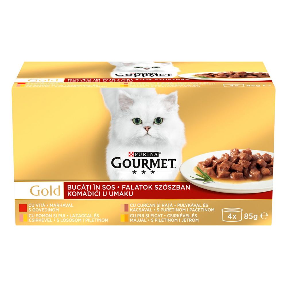 GOURMET GOLD Komadići u umaku multipakovanje, 1x s govedinom, 1x s puretinom i pačetinom, 1x s piletinom i jetrom, 1x s piletinom 4x85 g slika 1