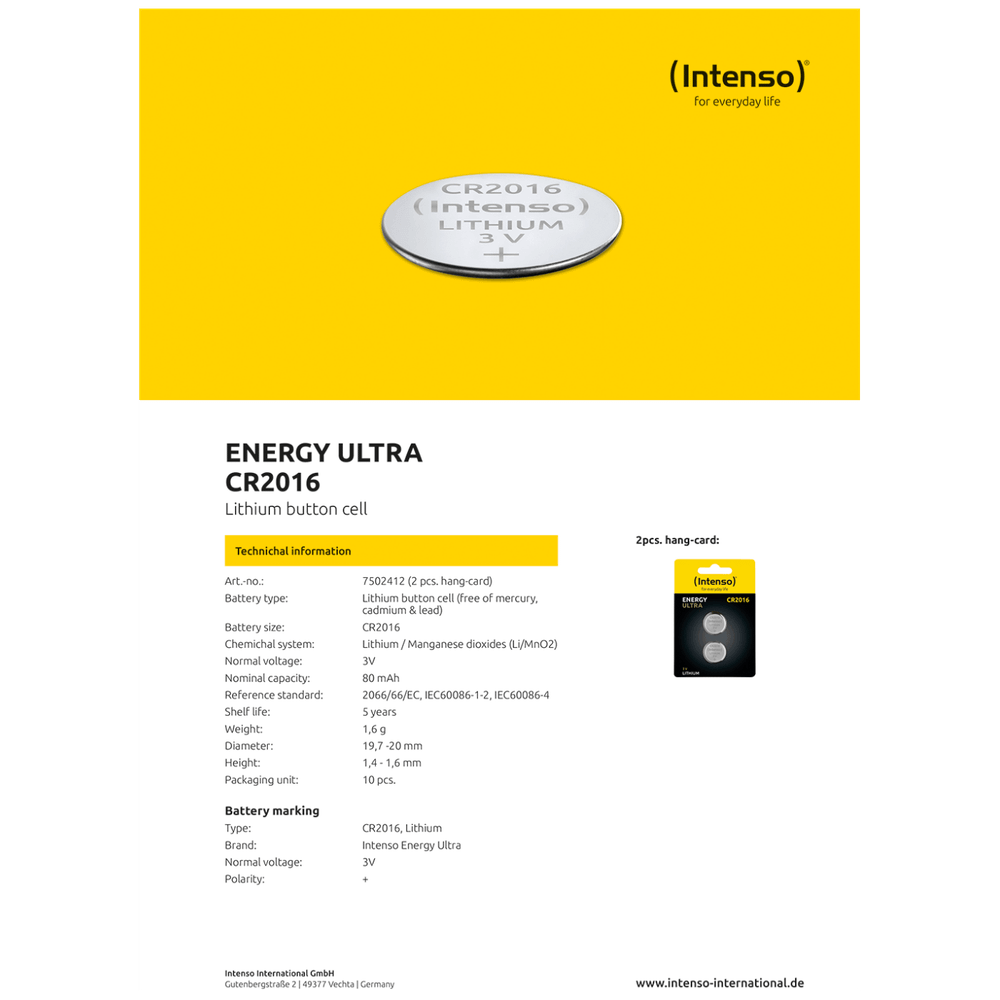 (Intenso) Baterija litijska, CR2016/2, 3 V, dugmasta,  blister  2 kom slika 3