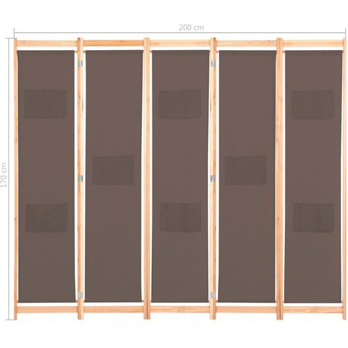 Sobna pregrada s 5 panela od tkanine 200 x 170 x 4 cm smeđa slika 21