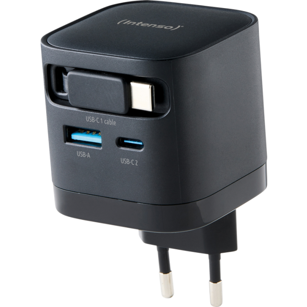 Intenso 65W GaN napajalnik z vgrajenim kablom USB-C, crni slika 1