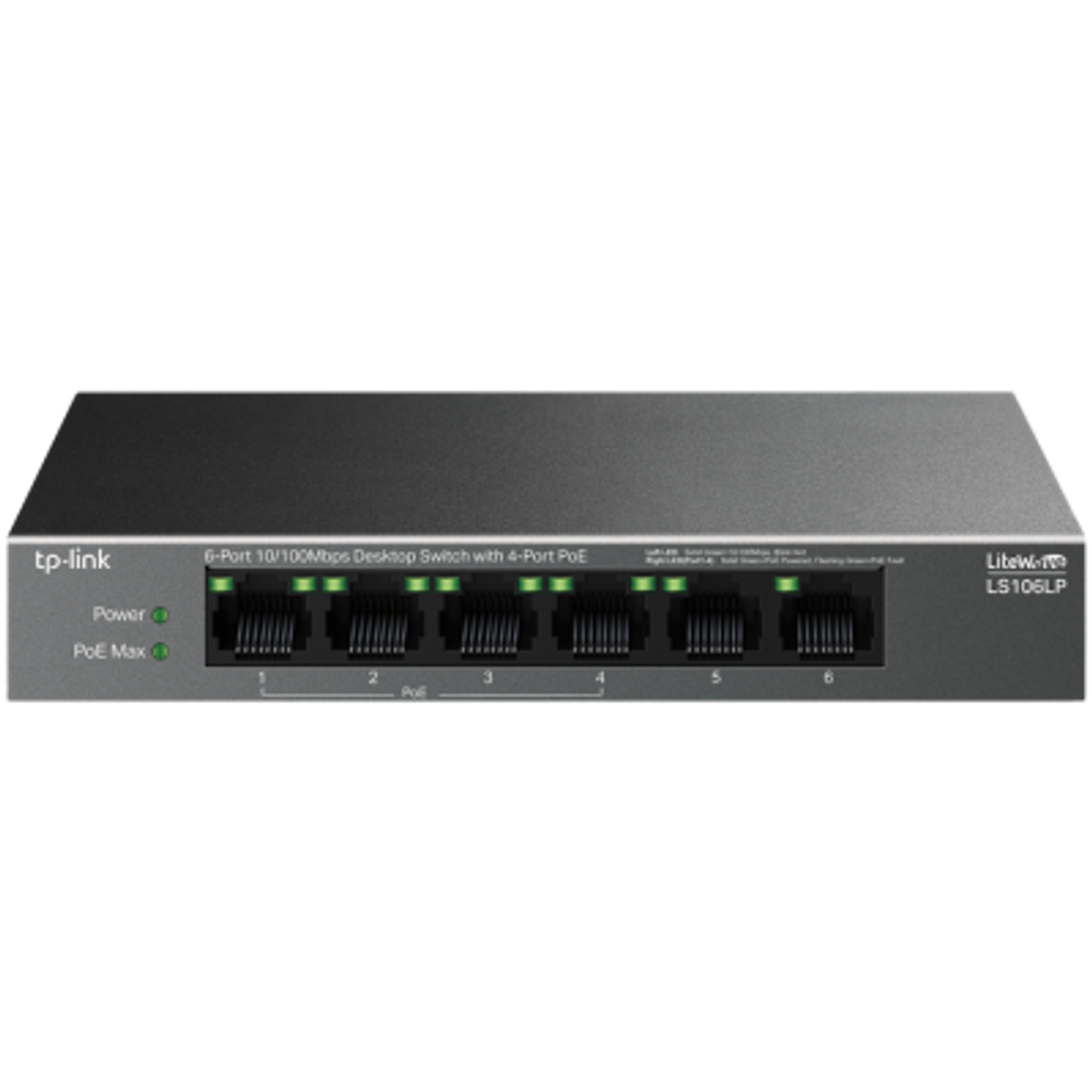 TP-Link LS106LP 6-Port 10/100 Mbps Desktop Switch with 4-Port PoE, 4× 10/100 Mbps PoE Ports, 2× 10/100 Mbps Non-PoE Ports, 802.3af, 41 W PoE Power, Desktop Steel Case, Extend Mode for 250m PoE Transmitting, PoE Auto Recovery, Plug and Play slika 1