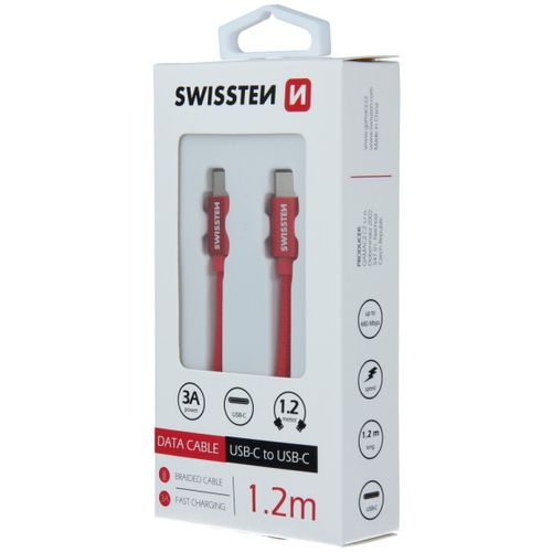 SWISSTEN kabel USB-C/USB-C, platneni, 3A, 1.2m, crveni slika 3