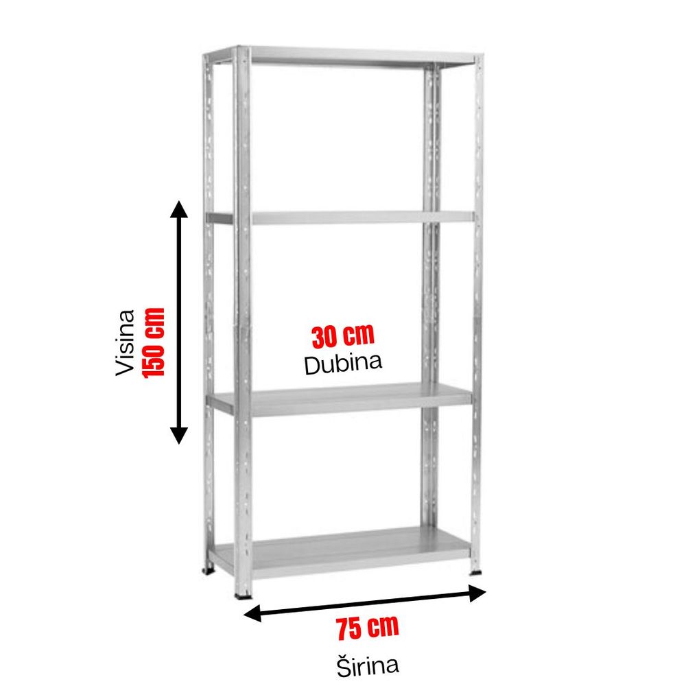 Metalna polica 75x30x150 cm, 4 kata, 40 kg, pocinčana slika 2