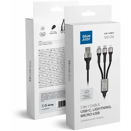 Blue Star 3-u-1 pleteni kabel s mikro USB, USB C i Lightning 3A konektorima slika 1