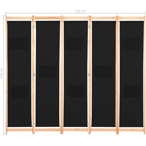 Sobna pregrada s 5 panela od tkanine 200 x 170 x 4 cm crna slika 34