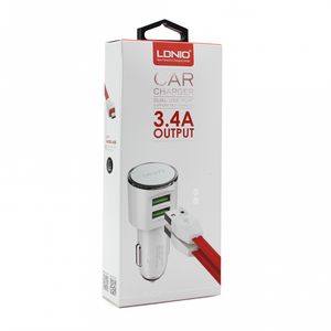 Auto punjac LDNIO DL-C29 dual USB 3.4A sa Type C kablom beli