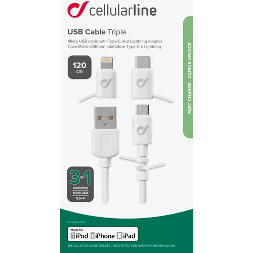 Cellularline kabel 3u1 - Micro USB, TYPE-C, Lightning slika 2