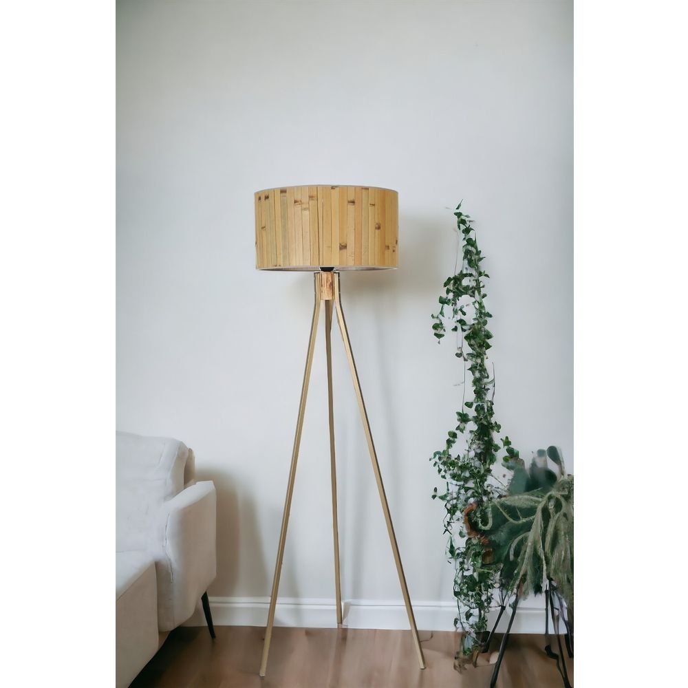 Fısco Tripod Eskitme Lambader Silindir Bambu 02 Abajurlu Oak Gold Floor Lamp slika 2