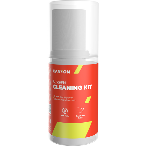 Canyon Cleaning Kit, Screen Cleaning Spray + microfiberSpray for screens and monitors, complete with microfiber cloth. Shrink wrap, 200ml + 18x18 cm microfiber, 55x55x145mm 0.208kg slika 1