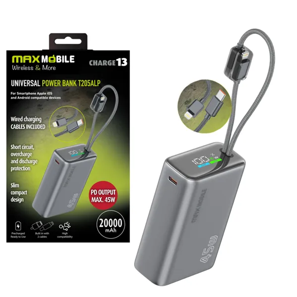 MAXMOBILE POWER BANK T205ALP 20000mAh 45W PD, 2xType-C+Lightning,Sivi slika 1