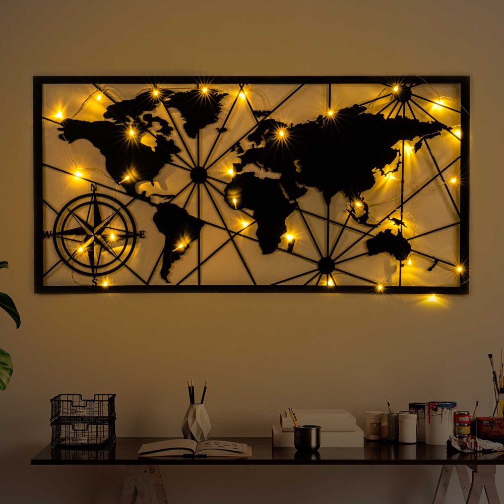 Decorative metal wall accessory World Map Led 452, colour: black slika 1