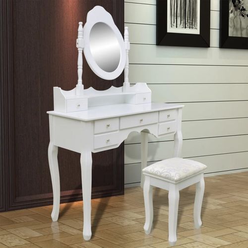Toaletni stol s ogledalom i stolicom 7 ladica bijeli slika 38
