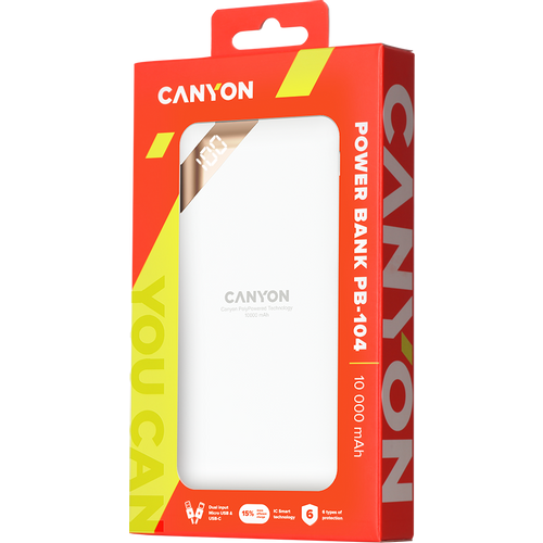 CANYON PB-102 Power bank 10000mAh Li-poly battery, Input 5V/2A, Output 5V/2.1A(Max), with Smart IC and power display, White, USB cable length 0.25m, 137*67*13mm, 0.230Kg slika 2