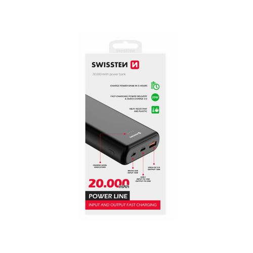 Dodatna baterija - Power Bank SWISSTEN 20000mAh, QC 3.0, USB-C, crna slika 1