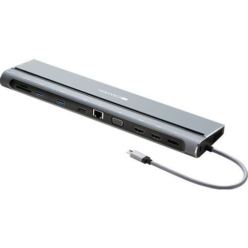 Canyon Multiport Docking Station with 14 ports: Type c data+Audio+Type C PD3.0 100W+SD+TF+2*USB3.0+USB2.0+RJ45+2*HDMI+VGA+DP+Lock, Input 100-240V, Output USB-C PD 5-20V/5A, cable length 0.20m, Space grey, 76*22.5*301mm, 0.36kg(Generation B) slika 3