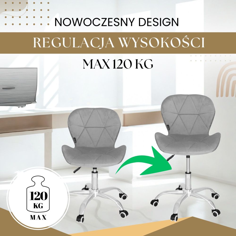Uredska baršunasta stolica tamno siva, krom, crni elementi slika 4