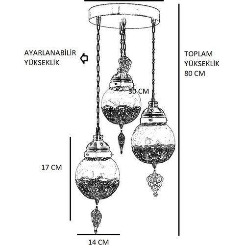 Neptün 3Lü Sarkıt Tepsili Eskitme Catlak Camlı Gold Chandelier slika 6