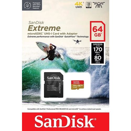 SanDisk Extreme microSDXC 64GB za akcijske kamere i dronove + SD adapter 170MB/s & 80MB/s A2 C10 V30 UHS-I U3 slika 1